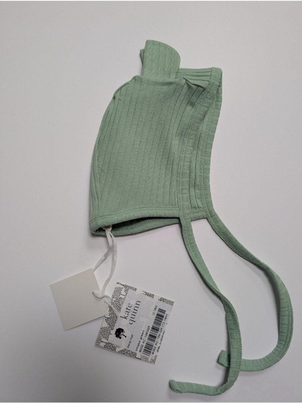 Kate Quinn Organic Cotton Wide Rib Bear Hat Smoke Green 12-18 Baby Bonnet Ear